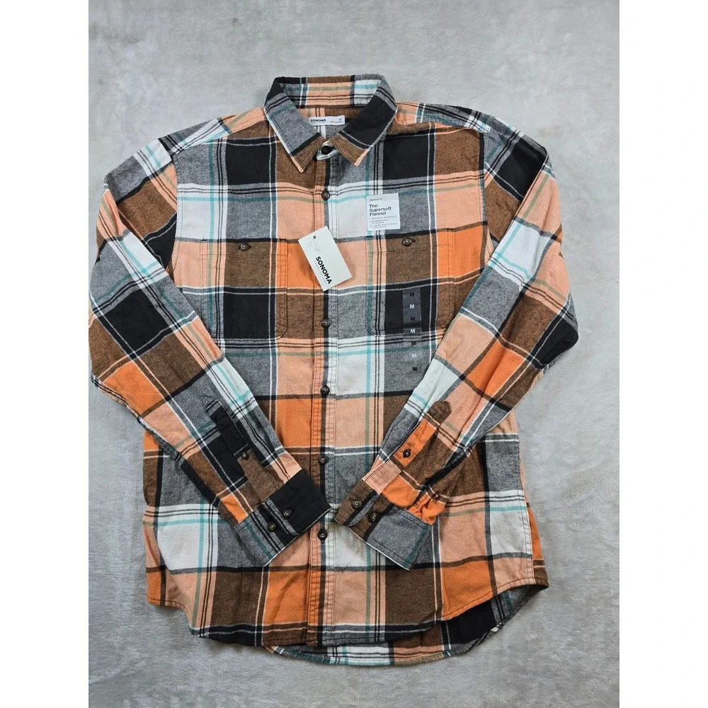 Sonoma Flannel Shirt Mens Medium Orange Brown Cotton Plaid The Supersoft Flannel